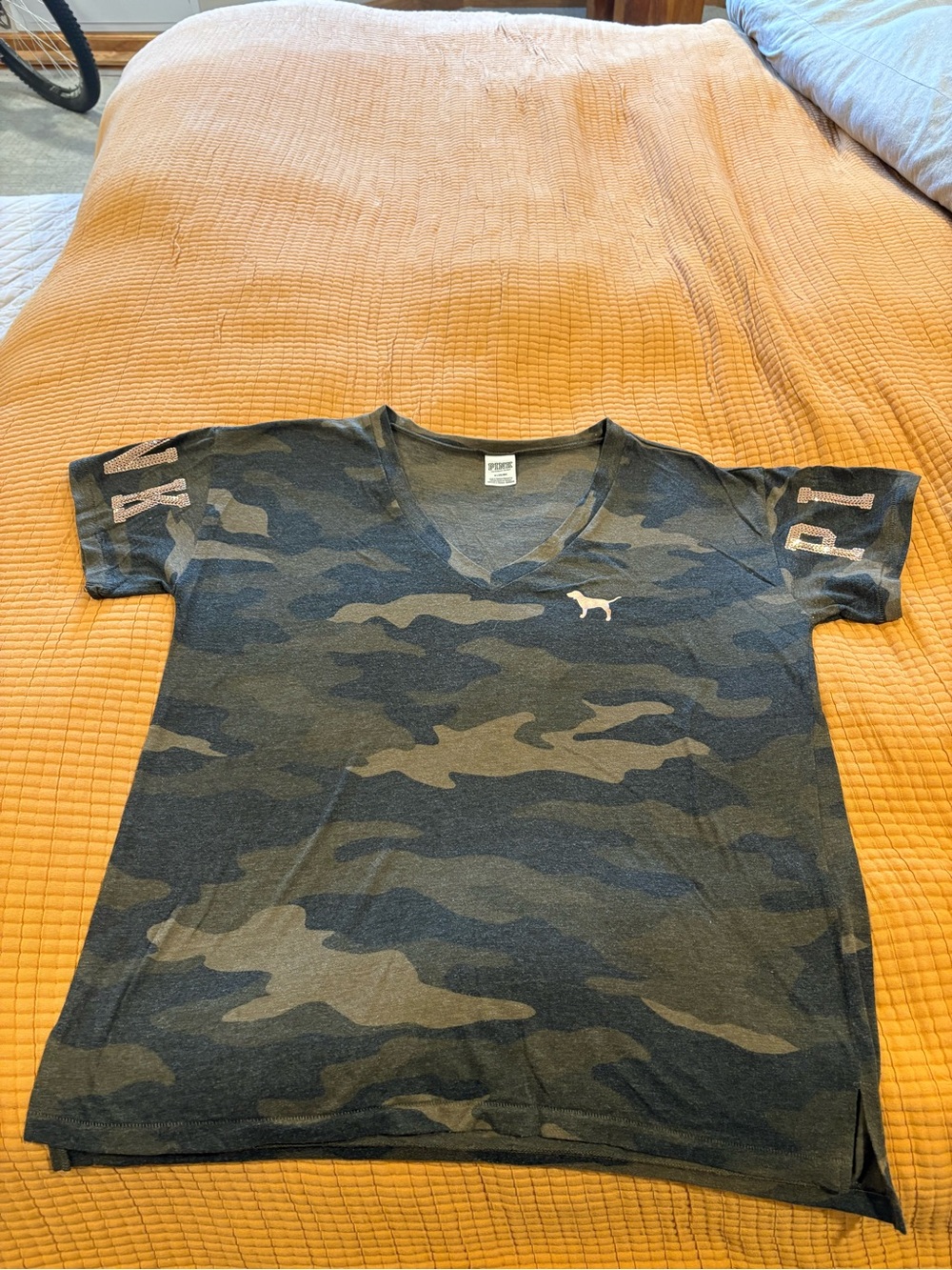 PINK Victoria's Secret Camo V-Neck Tee with Pink Logo